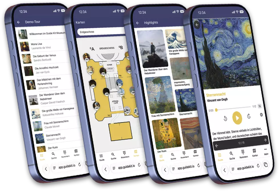 Audio guide created with Guide Kit on four smartphones: list of stops, floor plan, image gallery and audio player