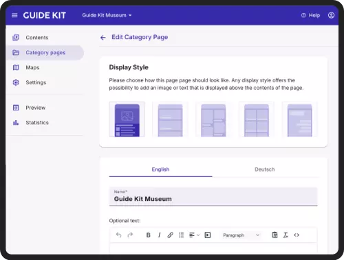 Choosing the display style of a category page in the Guide Kit Manager