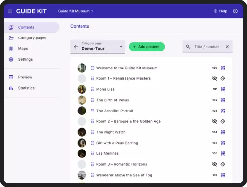 Content management in the Guide Kit Manager: stops of a tour with numbers and QR codes