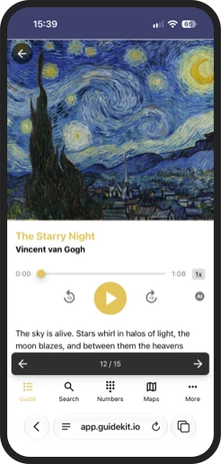 Audio guide stop with painting, audio player and transcript