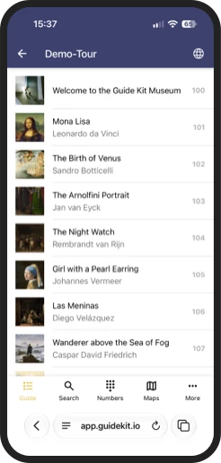 List of a tour's stops with thumbnails and numbers