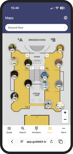 Museum floor plan with marked stops